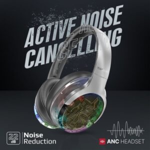 Promate WIRERLESS HEADPHONES RGB TRANSPARENT RAINBOW LED BACKLIT TRANSUNE Active Noise Cancelling , Hi-Fi STEREO , FLIP & FOLD – SILVER