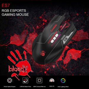 bloody ES7 RGB ESPORTS GAMING MOUSE , 6000 CPI 5-Level Adjustable , Self-Customize M Button , Bloody Esports Software , 1ms Key Response , PixArt Optical Engine Sensor – BLACK