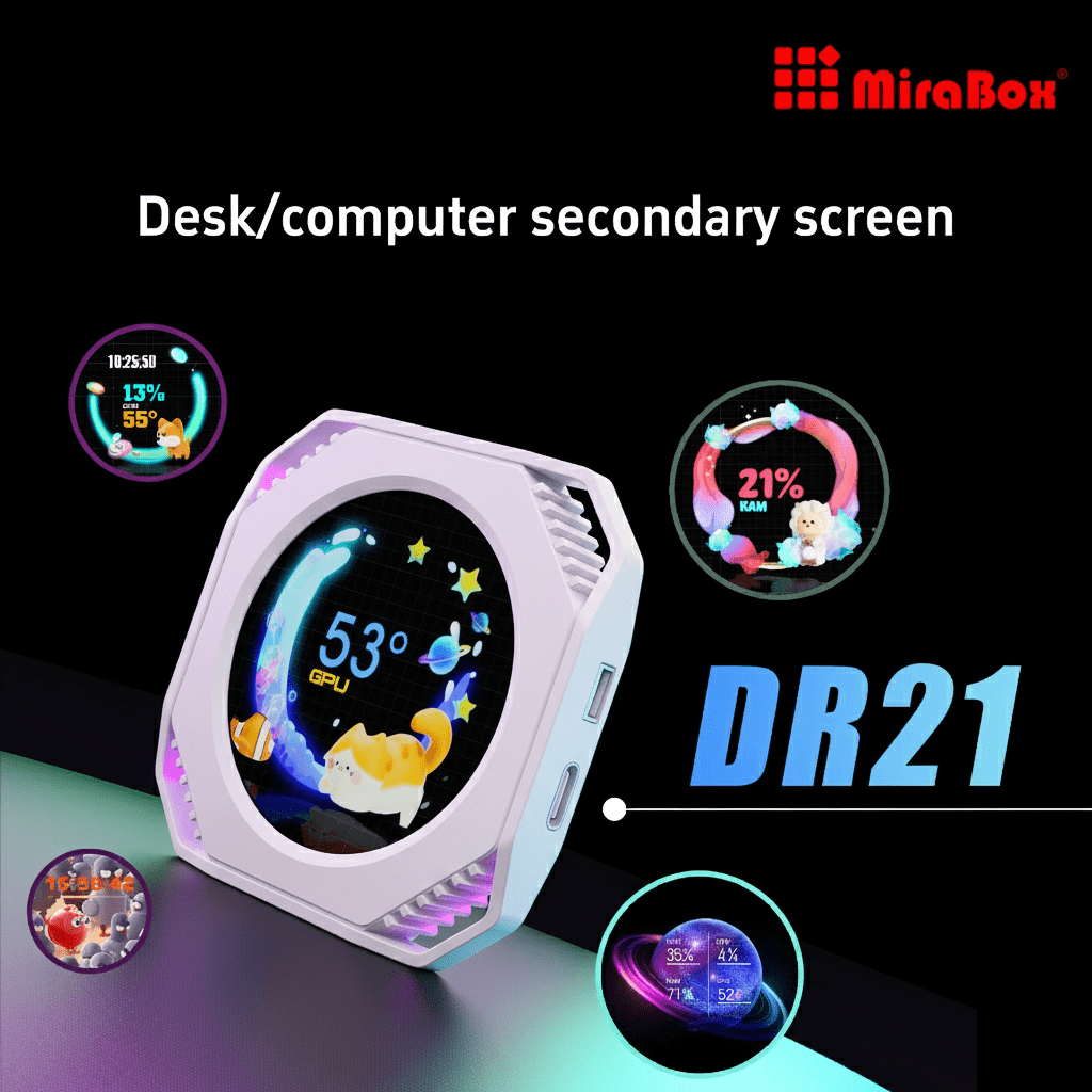 DR21 Mini Screen 2.1-Inch Type-C LCD Water-Cooling Auxiliary Display With 480×480 Resolution, USB One-Wire Link, IPS Metal Build, 1000+ Themes, Dynamic Video, DIY Carousel & Win7+ Support | WHITE ~ MIRABOX-DR21