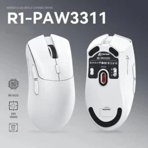 ATTACK SHARK R1 White Tri-Mode Gaming Mouse | 49g Superlight, 800–18000 DPI, PAW3311 Sensor, 200h Battery, USB-C, BT5.2, RGB, HUYU Switches, TTC Encoder, Self-Developed Driver
