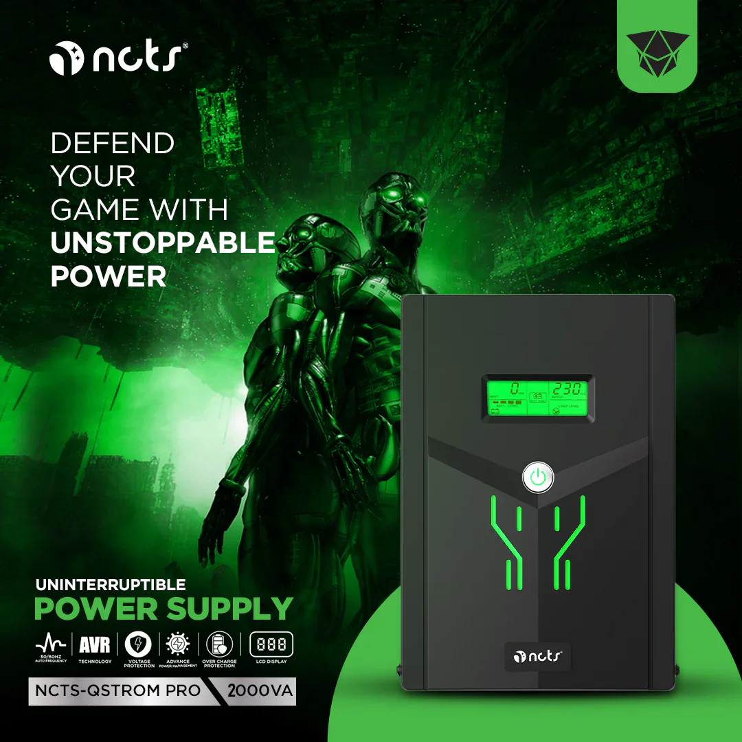 NCTS QSTROM PRO 2000VA/1200W Line Interactive UPS with AVR, Simulated Sinewave Output, Fast Recharge, Full Protection, LCD Display, 12V 9A x2 Batteries , Off-Mode Charging & Generator Compatibility for Personal Computers