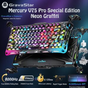 GravaStar Mercury V75 Pro Hall Effect Gaming Keyboard With Gateron HE Magnetic Jade Switch, 8000Hz Polling Rate, 0.005mm Precision, 256K Scan Rate, Adjustable Actuation, Rapid Trigger, RGB Lighting, Semi-Aluminum Build | Special Edition – Neon Graffiti