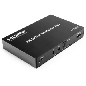 HDMI 4×1 Switch 4K60Hz with Four HDMI Inputs, One HDMI Output, Remote Control, HDR Audio Support, 600MHz Bandwidth, High-Speed HDMI 2.0 Compatibility and DC5V Power Adapter