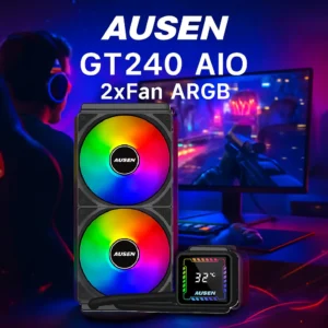 AUSEN GT240 AIO 240mm Liquid CPU Cooler – Dual 120mm ARGB Fans, LCD Display, 250W TDP, Copper & Aluminum Build, Multi-Socket Support, 380mm Tubing – Black