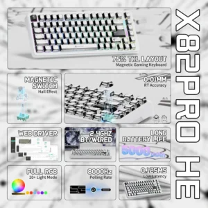 Attack Shark X82 HE Pro Mechanical Gaming Keyboard – 82 Keys, Tri-Mode, Magnetic Switches, RGB, Rapid Trigger, Comic Design, 8000Hz Wired, Hot-Swap, 5000mAh Battery