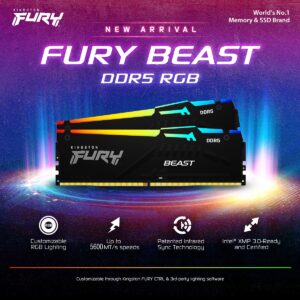 Kingston FURY Beast 64GB (2x32GB) 5600MT/s DDR5 RAM CL40 PC5-44800 1.25 V RGB Desktop Memory Kit of 2 | Infrared Syncing |XMP 3.0 &  AMD Expo | Plug N Play | KF556C40BBAK2-64