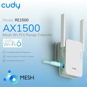 CUDY  AX1500 Mesh Wi-Fi 6 Range Extender With 1201Mbps 5GHz + 300Mbps 2.4GHz, Dual-Band AX, WPS Setup, Ethernet Port, Mesh Support | RE1500