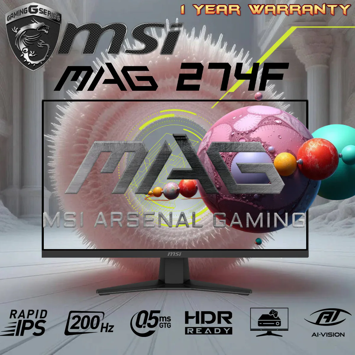 MSI MAG 274F 27-Inch FHD Rapid IPS Gaming Monitor – 200Hz Refresh Rate, 0.5ms Response Time, HDR Ready, AI Vision, Adaptive Sync, True 10-Bit Color Depth, Console & VRR Support, HDMI 2.0b, DP 1.2a, Tilt-Adjustable | 1 YEAR WARRANTY