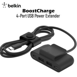 Belkin BoostCharge 4-Port USB Power Extender , 2× USB-C + 2× USB-A, 2m Extension Cable, Multi-Device Charging for iPhone 17/16/15 Series, iPad, Pixel, Galaxy & More | BLACK~ BUZ001