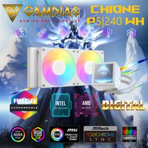 GAMDIAS CHIONE P5-240 WH AIO ARGB Liquid Cooler  – 3.4” IPS LCD, 240mm Radiator, ARGB PWM Fans, Rotatable Display, Upgraded Cooling System, Universal Compatibility, Hidden Cable Routing, Motherboard Sync | WHITE
