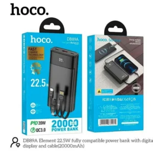 HOCO DB89A 20000mAh Power Bank with Integrated Cables, 22.5W Fast Charging, Digital Display, Triple Output Ports, Compact Portable Design, Black