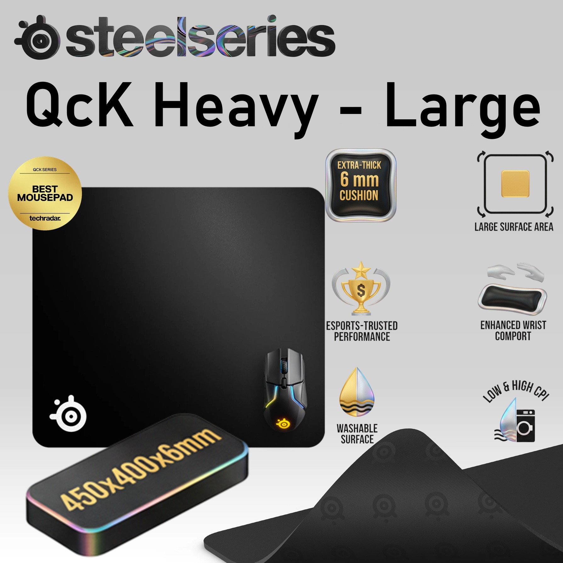 SteelSeries QcK Heavy Large Extra Thick Micro-Woven Gaming Mousepad – 450x400x6mm – Non-Slip Rubber Base, Maximum Wrist Comfort, Precision Tracking & Pro Esports Approved | BLACK