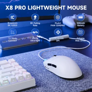 ATTACK SHARK X8PRO Ultra-Light Wireless Gaming Mouse 55g with PAW3395PRO Sensor, 40,000 DPI, 8K Polling, Tri-Mode Connection & C06ULTRA Cable – White