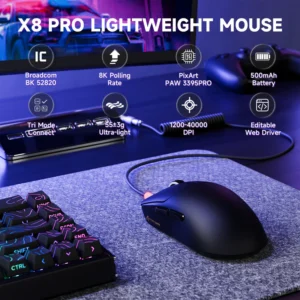 ATTACK SHARK X8PRO Ultra-Light Wireless Gaming Mouse 55g with PAW3395PRO Sensor, 40,000 DPI, 8K Polling, Tri-Mode Connection & C06ULTRA Cable – Black