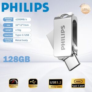 PHILIPS 128GB DUAL OTG USB 3.2 & USB-C  Flash Drive , Robust Metal Shell , Keychain Accessory , For Smartphones – PC – MAC – Tablets
