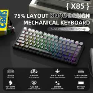Attack Shark X85 Wireless Mechanical Keyboard – 75% Tri-Mode with Linear White Jade Switches, RGB, Hot-Swappable PCB & CNC Aluminum Volume Knob, Gradient Black