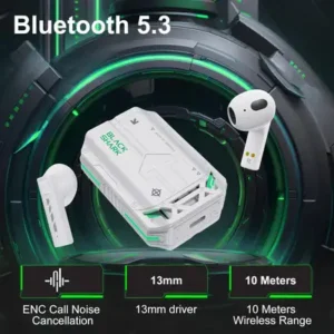 Black Shark T11 Wireless Gaming Earbuds Bluetooth 5.3 with RGB Lighting, Low Latency Mode, 13mm Drivers, 30H Battery, IPX67 Water Resistance, White