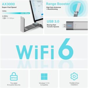TP-Link Archer TX50UH AX3000 WiFi 6 High Gain USB Adapter, Dual Band 2402 Mbps 5GHz + 574 Mbps 2.4GHz, USB 3.0, MU-MIMO, OFDMA, WPA3