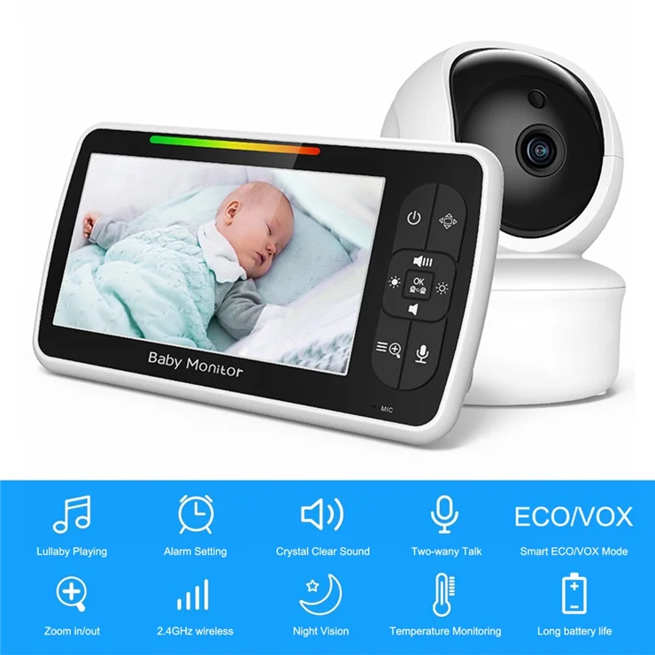 SM650 Video Baby Monitor Camera with 5” LCD Screen, 720P Video, Pan Tilt Zoom, 2.4GHz Wireless No WiFi, Night Vision, Two-Way Audio, Temperature Display