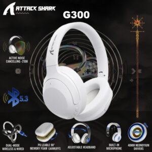ATTACK SHARK G300 ANC Foldable Headphones With Bluetooth 5.3, Dual-Mode Wired And Wireless Connection, 40mm Drivers, -21dB Noise Cancelling, 210g Lightweight Design | WHITE