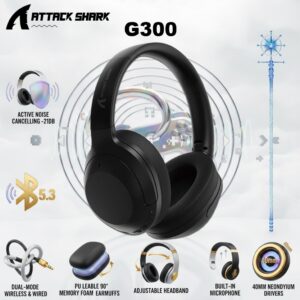 ATTACK SHARK G300 ANC Foldable Headphones With Bluetooth 5.3, Dual-Mode Wired And Wireless Connection, 40mm Drivers, -21dB Noise Cancelling, 210g Lightweight Design | BLACK