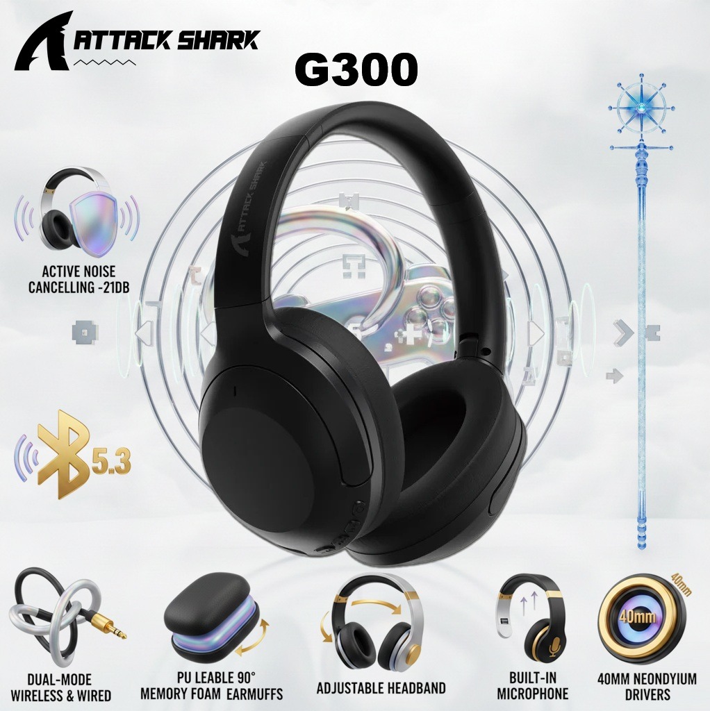 ATTACK SHARK G300 ANC Foldable Headphones With Bluetooth 5.3, Dual-Mode Wired And Wireless Connection, 40mm Drivers, -21dB Noise Cancelling, 210g Lightweight Design | BLACK