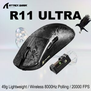 ATTACK SHARK R11 ULTRA Carbon Fiber Wireless Gaming Mouse With 49g Superlight Design, PAW3950MAX Sensor, Nordic 52840 MCU, 8000Hz Polling Rate, And Tri-Mode Connectivity | Forged Black