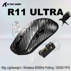ATTACK SHARK R11 ULTRA Carbon Fiber Wireless Gaming Mouse With 49g Superlight Design, PAW3950MAX Sensor, Nordic 52840 MCU, 8000Hz Polling Rate, And Tri-Mode Connectivity | Weave Black