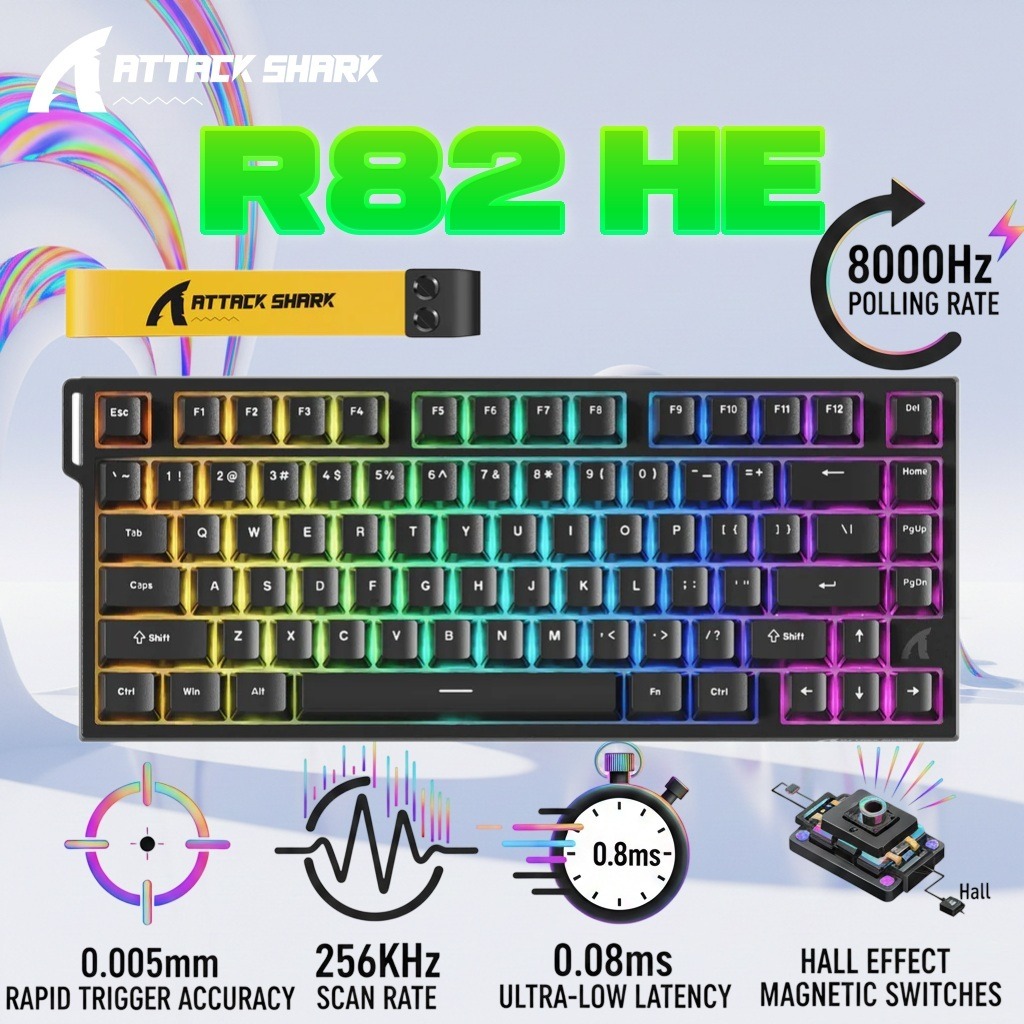 ATTACK SHARK R82 HE 75% Wired Magnetic Gaming Keyboard With 8000Hz Polling Rate, 0.005mm Rapid Trigger Accuracy, 256KHz Scan Rate, 5-Layer Sound Damping, And RGB Backlight | BLACK