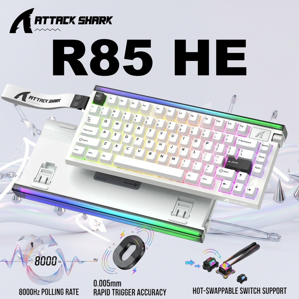 ATTACK SHARK R85 HE 75% Wired Magnetic Keyboard With 8000Hz Polling Rate, 0.005mm Rapid Trigger Accuracy, Custom RGB Lightbox, Multimedia Knob, And 5-Layer Sound System | STAR WHITE