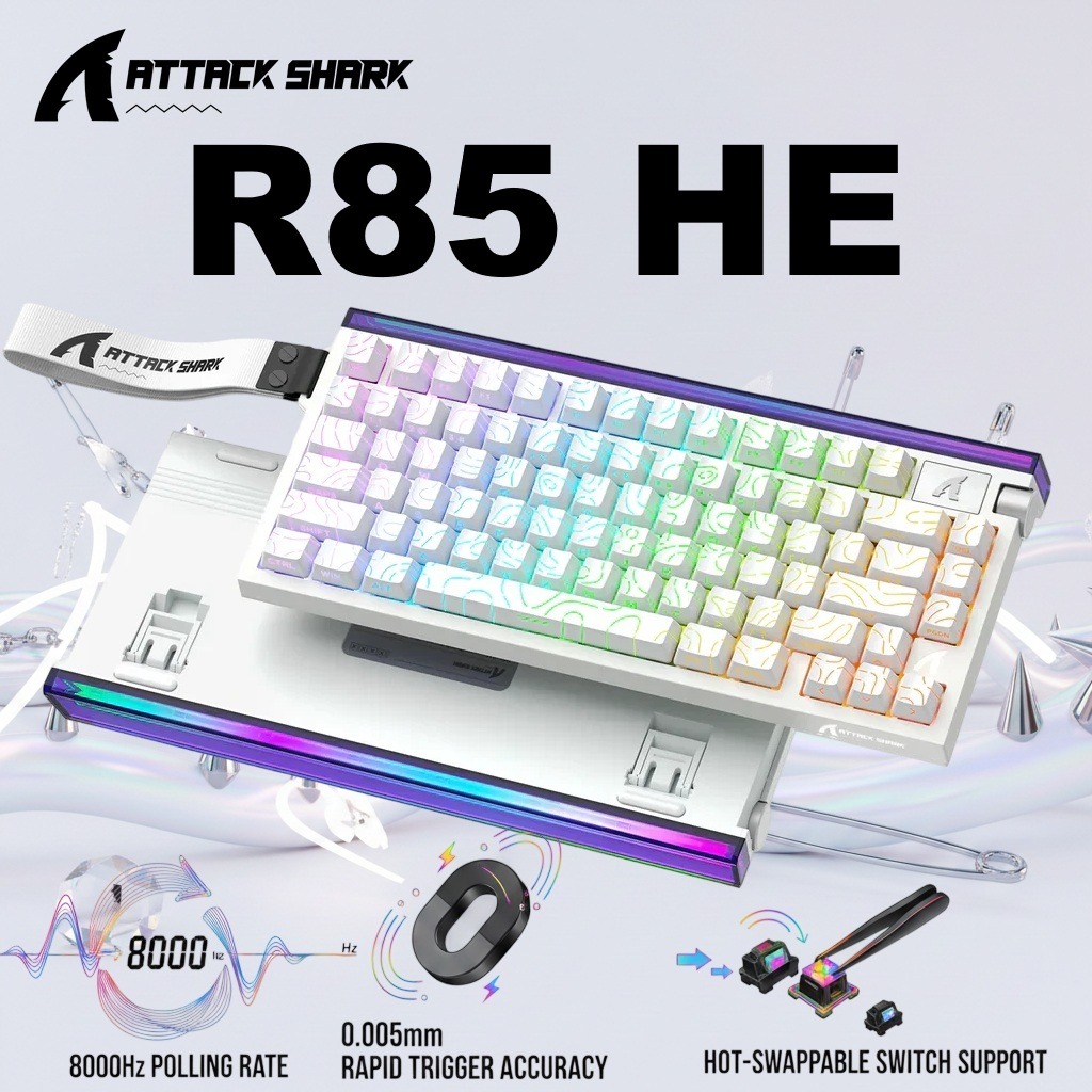 ATTACK SHARK R85 HE 75% Wired Magnetic Keyboard With 8000Hz Polling Rate, 0.005mm Rapid Trigger Accuracy, Custom RGB Lightbox, Multimedia Knob, And 5-Layer Sound System | White Contour