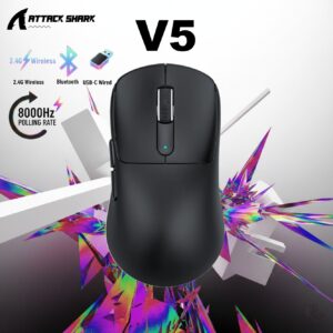 ATTACK SHARK V5 Ultra-Light Tri-Mode Gaming Mouse With PAW3950MAX Sensor, 42000 DPI, 8000Hz Wireless Polling Rate, Nordic 52840 MCU, And 500mAh Battery | BLACK