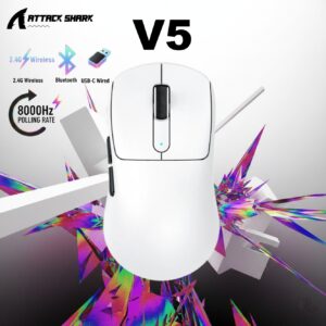ATTACK SHARK V5 Ultra-Light Tri-Mode Gaming Mouse With PAW3950MAX Sensor, 42000 DPI, 8000Hz Wireless Polling Rate, Nordic 52840 MCU, And 500mAh Battery | WHITE