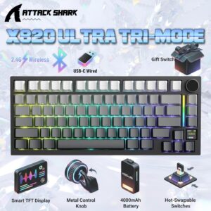 ATTACK SHARK X820 Ultra 75% Tri-Mode Gasket Mechanical Keyboard With Smart TFT Display, Metal Knob, Hot-Swappable Linear “GIFT” Switches, 4000mAh Battery, And RGB Backlight | Moonlit Night