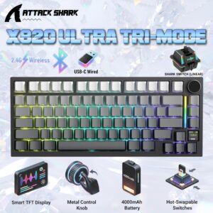 ATTACK SHARK X820 Ultra 75% Tri-Mode Gasket Mechanical Keyboard With Smart TFT Display, Metal Knob, Hot-Swappable Linear “SHARK” Switches, 4000mAh Battery, And RGB Backlight | Moonlit Night