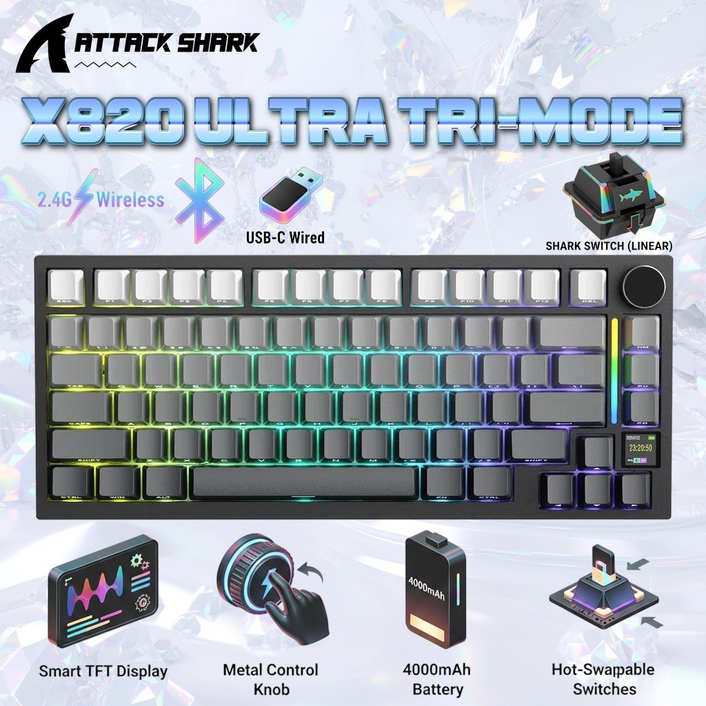 ATTACK SHARK X820 Ultra 75% Tri-Mode Gasket Mechanical Keyboard With Smart TFT Display, Metal Knob, Hot-Swappable Linear “SHARK” Switches, 4000mAh Battery, And RGB Backlight | Moonlit Night