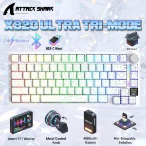 ATTACK SHARK X820 Ultra 75% Tri-Mode Gasket Mechanical Keyboard With Smart TFT Display, Metal Knob, Hot-Swappable Linear “GIFT” Switches, 4000mAh Battery, And RGB Backlight | White Contour
