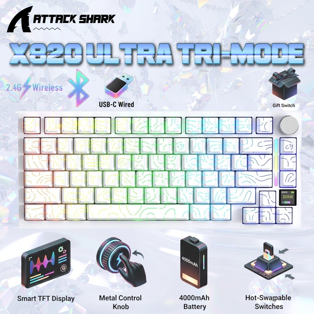 ATTACK SHARK X820 Ultra 75% Tri-Mode Gasket Mechanical Keyboard With Smart TFT Display, Metal Knob, Hot-Swappable Linear “GIFT” Switches, 4000mAh Battery, And RGB Backlight | White Contour