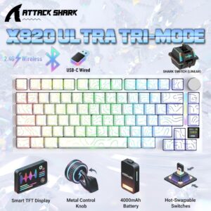 ATTACK SHARK X820 Ultra 75% Tri-Mode Gasket Mechanical Keyboard With Smart TFT Display, Metal Knob, Hot-Swappable Linear “SHARK” Switches, 4000mAh Battery, And RGB Backlight | White Contour
