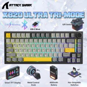 ATTACK SHARK X820 Ultra 75% Tri-Mode Gasket Mechanical Keyboard With Smart TFT Display, Metal Knob, Hot-Swappable Linear “GIFT” Switches, 4000mAh Battery, And RGB Backlight | Star Black