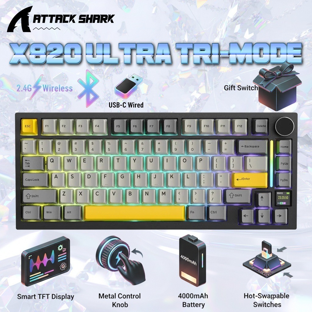 ATTACK SHARK X820 Ultra 75% Tri-Mode Gasket Mechanical Keyboard With Smart TFT Display, Metal Knob, Hot-Swappable Linear “GIFT” Switches, 4000mAh Battery, And RGB Backlight | Star Black