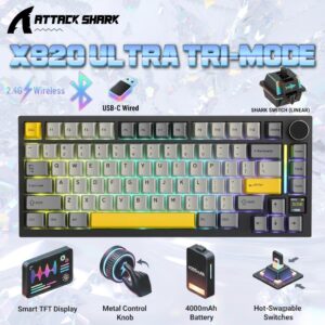 ATTACK SHARK X820 Ultra 75% Tri-Mode Gasket Mechanical Keyboard With Smart TFT Display, Metal Knob, Hot-Swappable Linear “SHARK” Switches, 4000mAh Battery, And RGB Backlight | Star Black