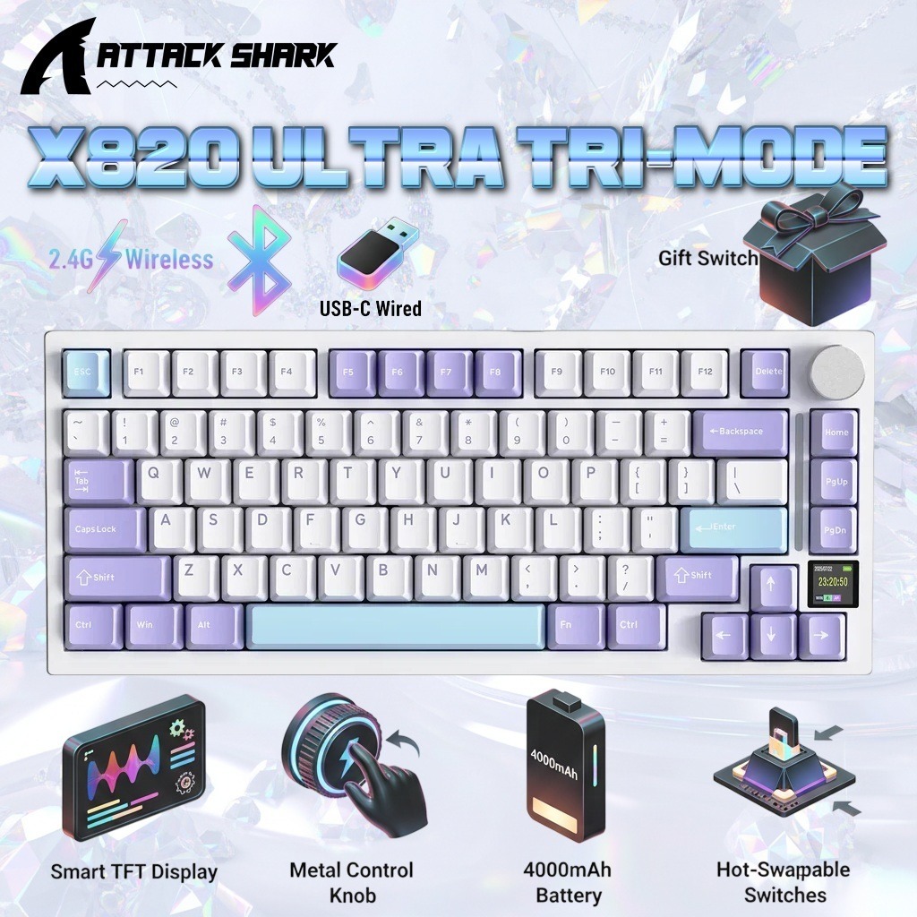 ATTACK SHARK X820 Ultra 75% Tri-Mode Gasket Mechanical Keyboard With Smart TFT Display, Metal Knob, Hot-Swappable Linear “GIFT” Switches, 4000mAh Battery, And RGB Backlight | Star White