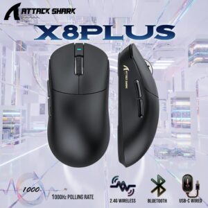 ATTACK SHARK X8 PLUS Wireless Gaming Mouse With PAW3395PRO Sensor, 40,000 DPI, 1K Polling Rate, Tri-Mode Connectivity, 55g SUPERLIGHT, Nano Ice-Feel Coating, And 800mAh Battery | BLACK