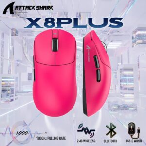 ATTACK SHARK X8 PLUS Wireless Gaming Mouse With PAW3395PRO Sensor, 40,000 DPI, 1K Polling Rate, Tri-Mode Connectivity, 55g SUPERLIGHT, Nano Ice-Feel Coating, And 800mAh Battery | Berry Red