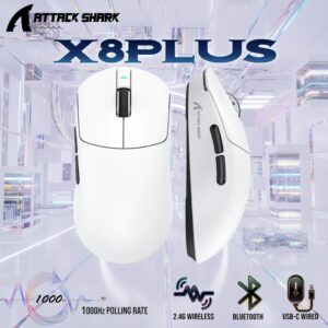 ATTACK SHARK X8 PLUS Wireless Gaming Mouse With PAW3395PRO Sensor, 40,000 DPI, 1K Polling Rate, Tri-Mode Connectivity, 55g SUPERLIGHT, Nano Ice-Feel Coating, And 800mAh Battery | WHITE