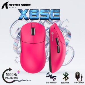 ATTACK SHARK X8SE Wireless Gaming Mouse With PAW3311 Sensor, 25,000 DPI, 1000Hz Polling Rate, Tri-Mode Connectivity, And 500mAh Battery | Berry Red