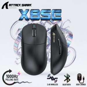 AATTACK SHARK X8SE Wireless Gaming Mouse With PAW3311 Sensor, 25,000 DPI, 1000Hz Polling Rate, Tri-Mode Connectivity, And 500mAh Battery | BLACK