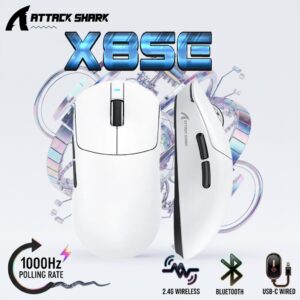 ATTACK SHARK X8SE Wireless Gaming Mouse With PAW3311 Sensor, 25,000 DPI, 1000Hz Polling Rate, Tri-Mode Connectivity, And 500mAh Battery | WHITE