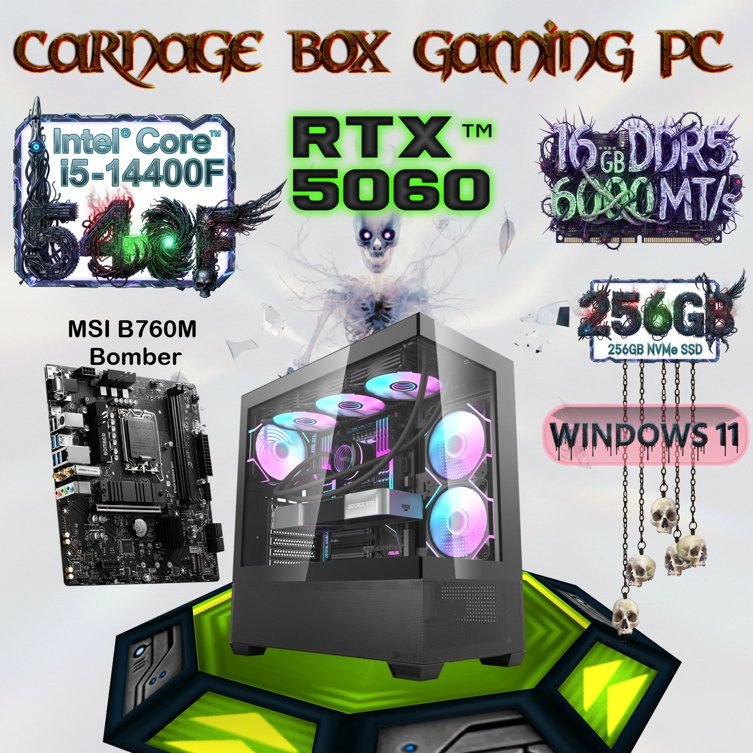 Carnage Box Gaming PC : Intel Core i5-14400F | Fury Beast 16GB DDR5 6000MT/s , 256GB NVMe SSD | ASUS Dual OC RTX 5060 8GB | MSI B760M Bomber mATX DDR5 Motherboard | Windows 11 | ARGB CPU Air Cooler | 650W 80+ Gold PSU | DARKFLASH DS900 ARGB Case